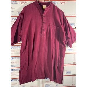 FABINDIA Shirt Mens Size 46 Henley Lightweight 100% Woven Cotton Burgundy Kunta
